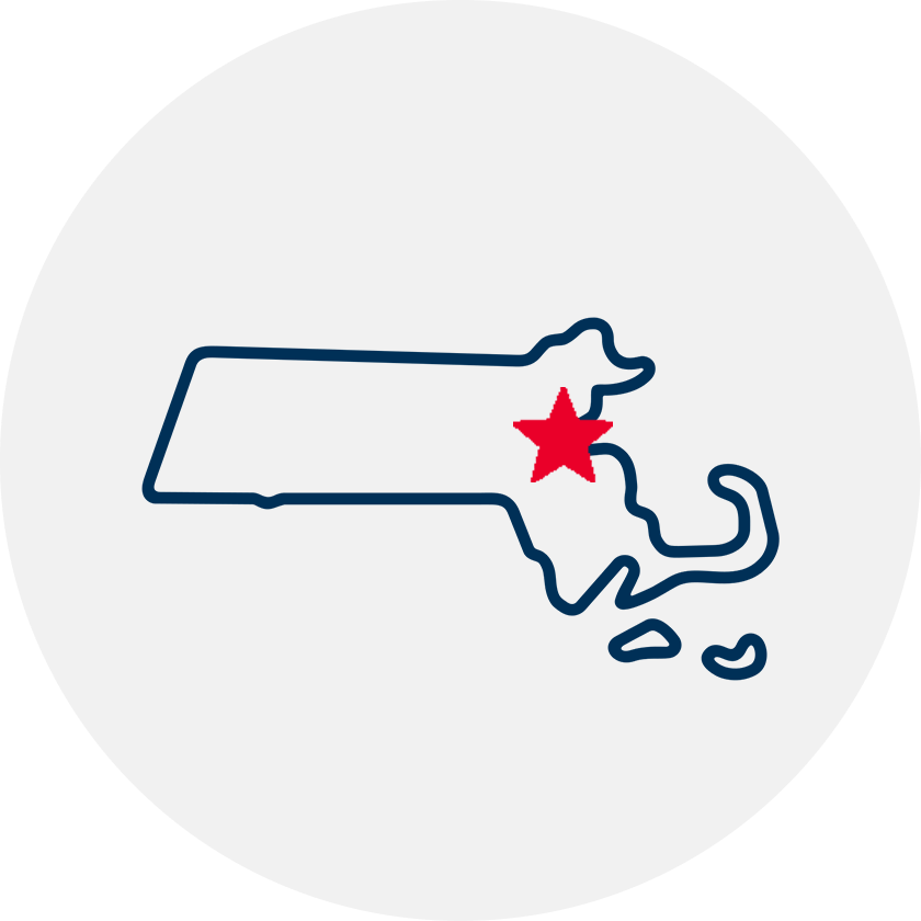 Drawn outline of Massachusetts with a red star covering Boston