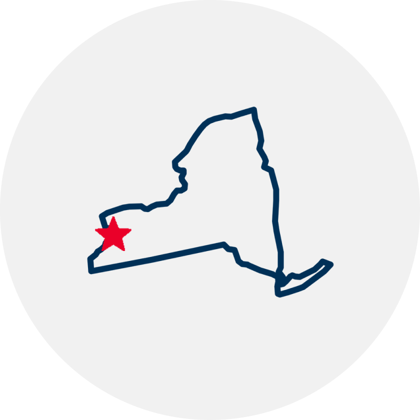 Drawn outline of New York State with a red star covering Buffalo