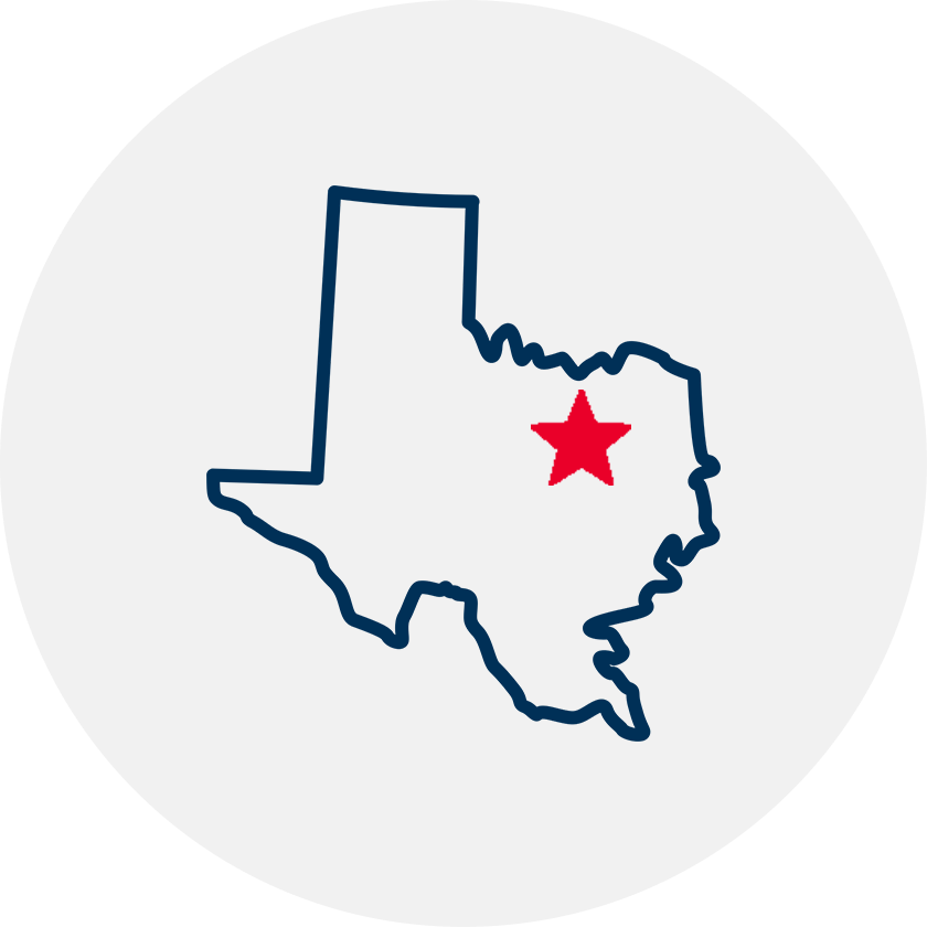Drawn outline of Texas with a red star covering Dallas
