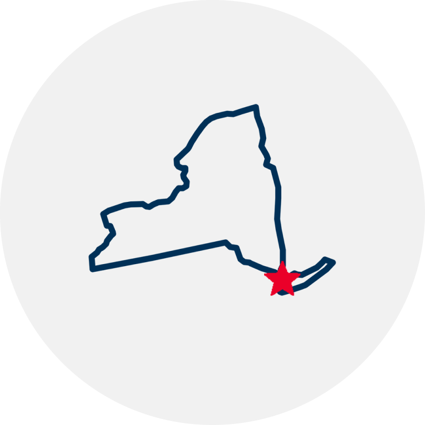 Drawn outline of New York State with a red star covering New York City