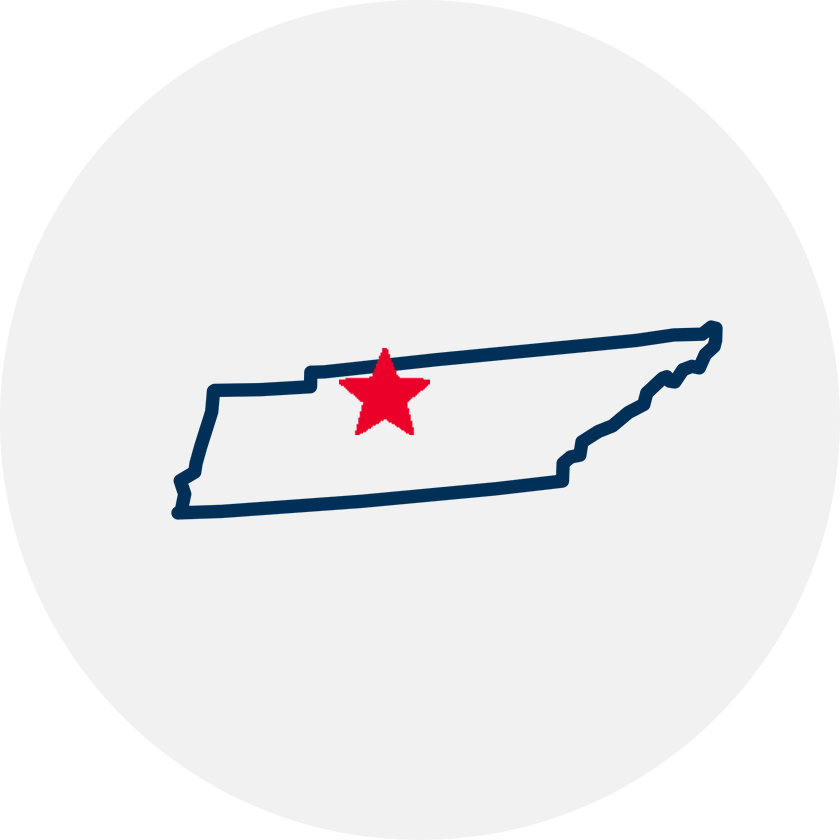 Drawn outline of Tennessee with a red star covering Nashville